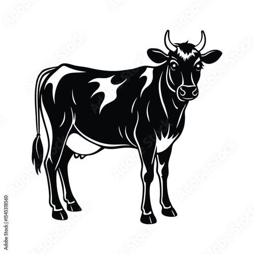 Detailed Black and White Dairy Cow Illustration Standing in a Field Farm Animal Livestock Cattle Farming Agriculture Rural Scene Vector