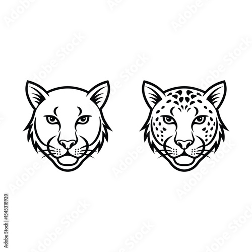 Detailed Frontal Vector Portraits of a Leopard and a Jaguar on White, Capturing Feline Expressions and Distinctive Markings in Black and White