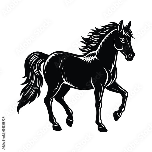 Detailed Black Horse Silhouette Vector on White Backdrop, Elegant Equine Design for Prints and Web, Animal Art Element