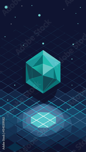 Abstract geometric illustration of a teal crystal floating in a grid pattern