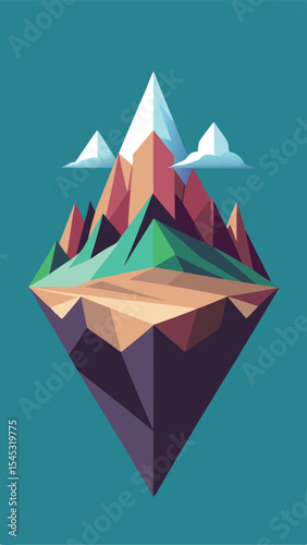Abstract geometric mountain island floating in the sky with clouds and earth tones