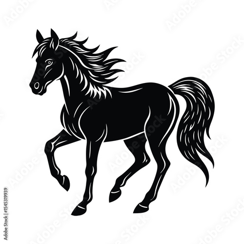 Dynamic Black Horse Silhouette Vector on White, Powerful Equine Illustration for Logos and Designs, Animal Graphic Element
