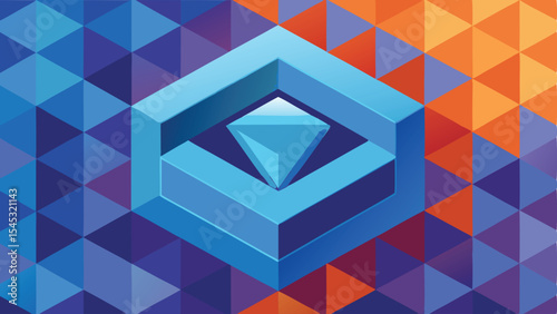Abstract isometric diamond geometric shape on a triangulated blue and orange background