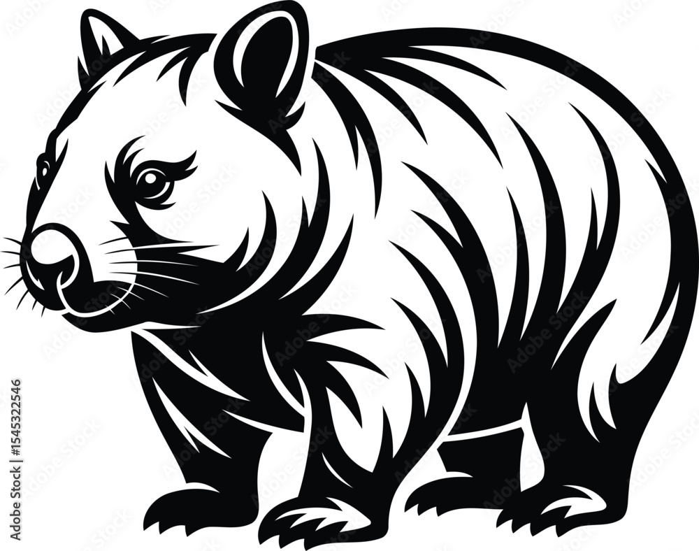 Fototapeta premium Wombat Silhouette with Detailed Fur, Black Vector Design, Transparent Background.