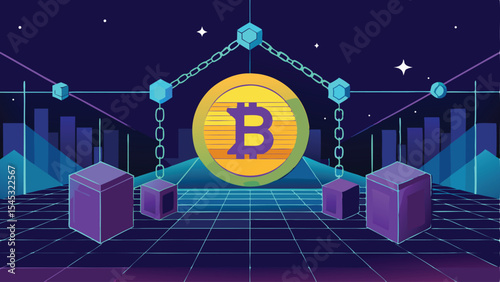 Bitcoin cryptocurrency digital illustration in retro futuristic style and blockchain concept
