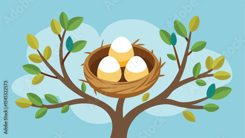 Bird's nest with three eggs in a tree with leaves and blue background illustration