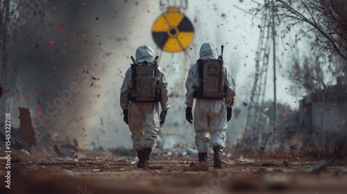 Two Hazmat Team Members Walking Through a Post-Disaster Zone