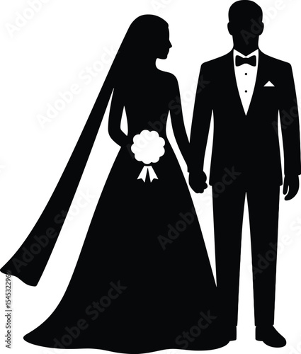 Elegant Wedding Couple Silhouette: Bride and Groom Holding Hands with Bouquet, Formal Attire, Marriage Celebration Vector for Invitations and Romantic Designs.