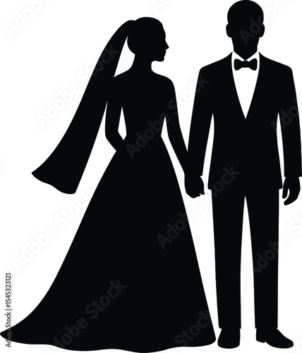  Elegant Wedding Couple Silhouette: Bride and Groom Holding Hands, Formal Attire, Marriage Celebration Vector, Romantic Love Icon for Invitations, Announcements, and Special Events.
