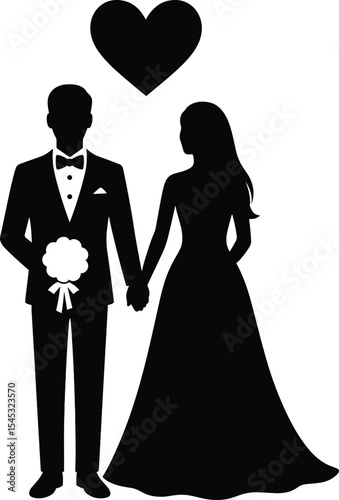 Elegant Wedding Couple Silhouette: Bride and Groom Holding Hands with Heart, Marriage Celebration Icon, Love Symbol Vector for Invitations and Romantic Designs.