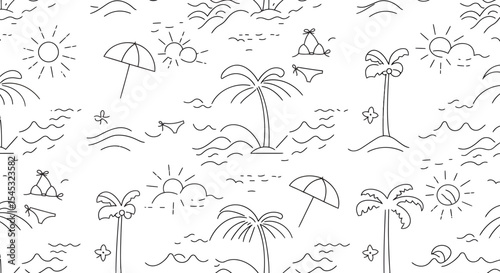 Whimsical Beachscape Pattern with Palm Trees Sun Waves and Beachwear.