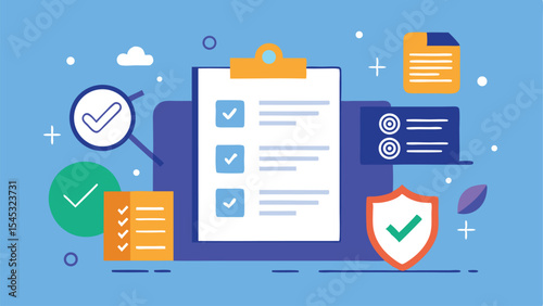 Checklist illustration with approvals and security icons for business processes and success