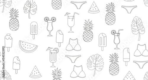 Outlined summer themed pattern with pineapples swimwear drinks watermelon ice cream and leaves.