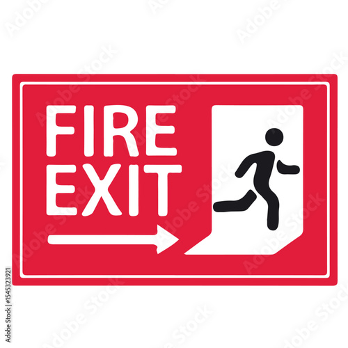 Red emergency exit sign with arrow showing a person running towards safety