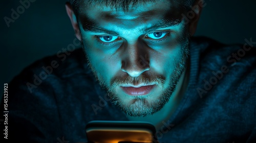 Close up of a man with a beard looking intently at a phone screen in a dark blue room