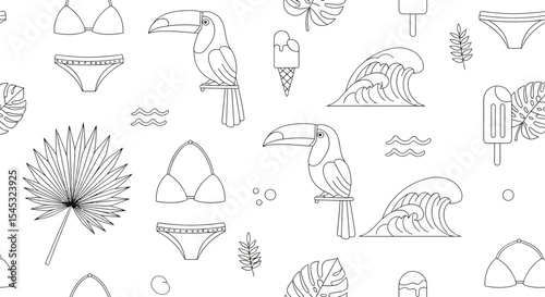 Outlined summer themed pattern with toucans waves swimwear and tropical leaves.
