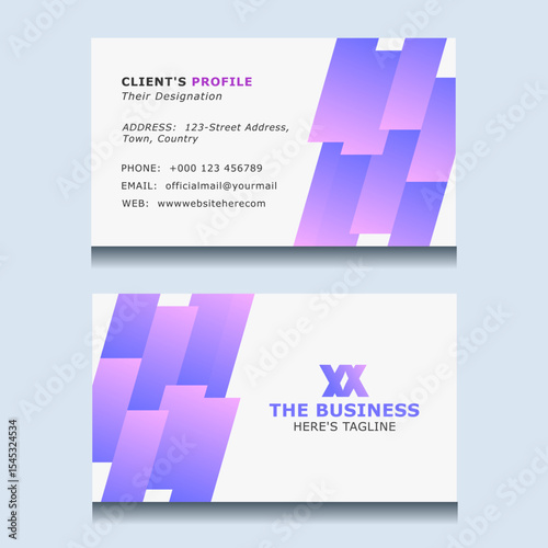 Modern gradient business card with purple geometric design shapes. Vector visiting card layout.
