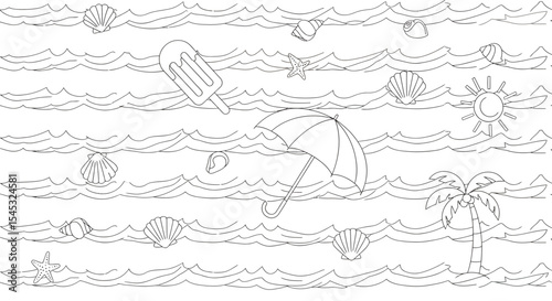 Summer Beach Scene with Seashells Waves Palm Tree Umbrella Starfish Ice Cream and Sun.