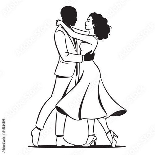 Romantic vector illustration of a married couple, a beautiful bride and groom, silhouetted in love on their weddin