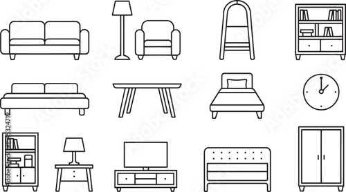Black Line Drawings Home Furniture Icons Set Sofa Chair Bed Table Lamp Clock Shelves Wardrobe vector