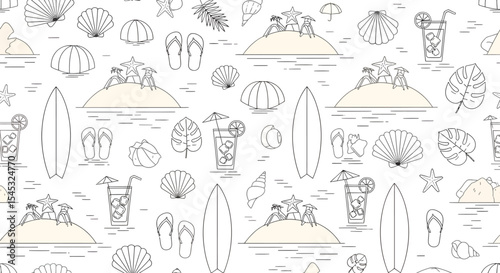 Summer beach vacation pattern with tropical islands surfboards cocktails and seashells.