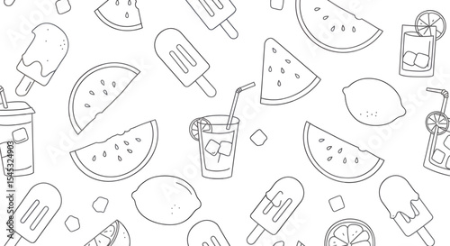 Summer Outlined Pattern with Watermelon Lemon Popsicles and Refreshing Drinks.