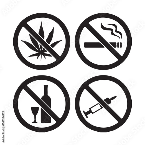 Red circle no smoking and fishing signs, a clear warning symbol of forbidden danger, are isolated vector illustrations on a white background