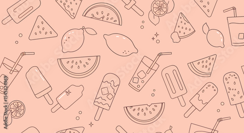 Summer Outlines Popsicles Watermelon Lemonade and Citrus Fruit Pattern.