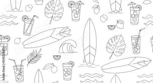 Summer Outlines Surfboards Tropical Drinks Waves and Monstera Leaves Pattern.