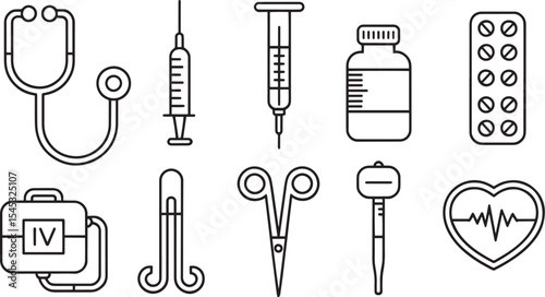 Black Line Medical Icons Set Stethoscope Syringe Pill Bottle Heart Rate Monitor Surgical Scissors pills