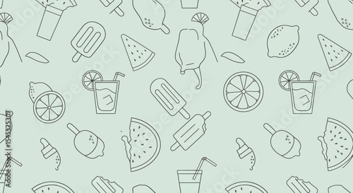 Summer themed line art pattern featuring popsicles watermelon slices lemonade and lemons.