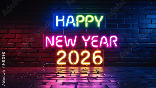 Wallpaper Mural Happy New Year 2026 Neon text effect design for cinematic look Torontodigital.ca