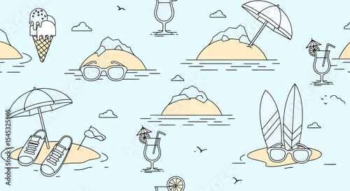 Summer themed line art pattern with islands drinks surfboards and accessories.