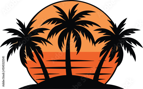 vector illustration of tropical palm tree silhouettes on a small island with orange sunset background, perfect for summer, beach, or travel themes