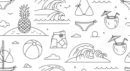 Summer themed line art pattern with pineapple waves swimsuit and coconut drink.