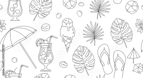 Summer themed line art pattern with tropical leaves drinks ice cream and beach accessories.