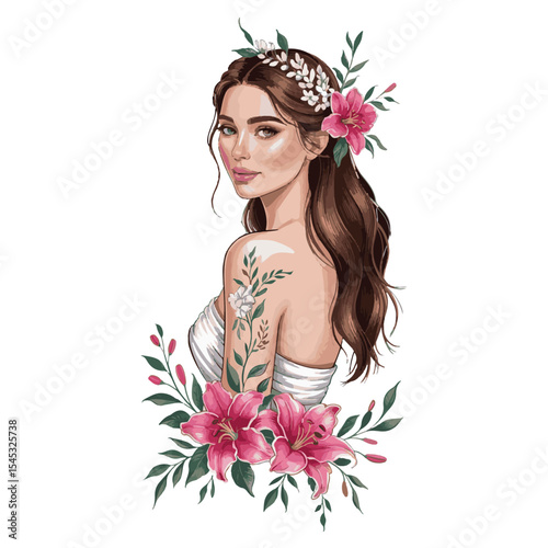 A beautiful woman models a pink dress with flowers in her hair, showcasing her radiant smile and flawless skin