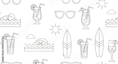 Summer themed outline pattern with cocktails surfboards sunglasses sun waves.