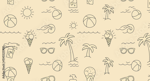 Summer themed pattern with beach balls palm trees ice cream and sunglasses.