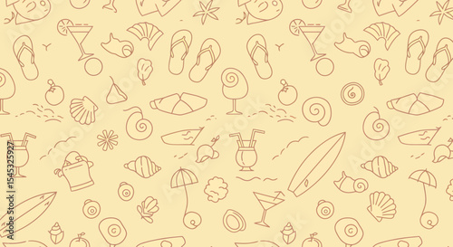 Summer themed pattern with beach elements cocktails shells surfboards and flip flops.