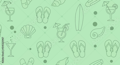 Summer themed pattern with cocktails flip flops seashells and surfboards.