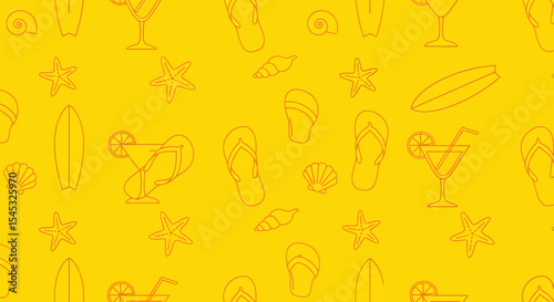Summer themed pattern with cocktail surfboard starfish shell and flipflops.