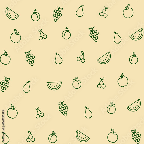 Hand drawn fruit outline seamless pattern on butter cream background