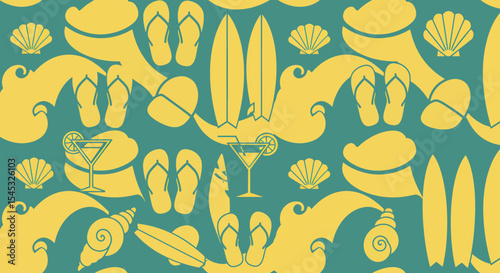 Summer themed pattern with flipflops surfboards shells waves and cocktails.