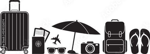 Black Silhouette Travel Icons Suitcase Backpack Umbrella Sunglasses Flip Flops Passport Camera Airplane Tickets