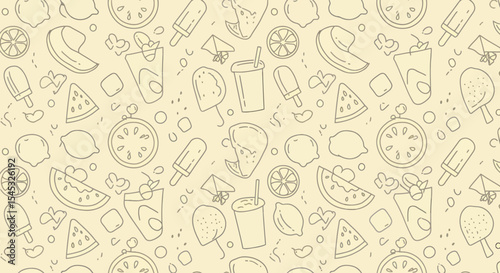 Summer themed pattern with lemon slices watermelon popsicles and refreshing drinks.