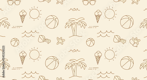 Summer themed pattern with palm trees ice cream sun beach ball and seashells.