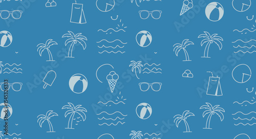 Summer themed pattern with palm trees beach balls ice cream and sunglasses.