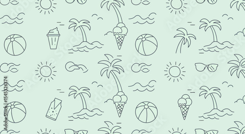 Summer themed pattern with palm trees ice cream sun beach balls and sunglasses.