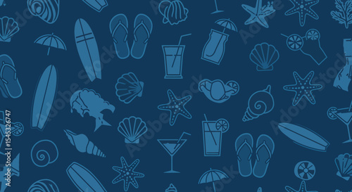 Summer themed pattern with surfboards cocktails seashells starfish and flip flops.